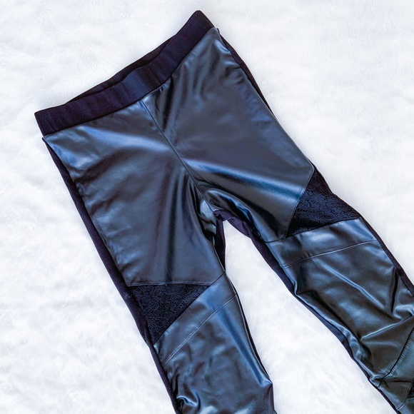Pierre Mantoux | Faux Leather Leggings Stretch Sexy Lace Inset Black L Ponte - Picture 5 of 10